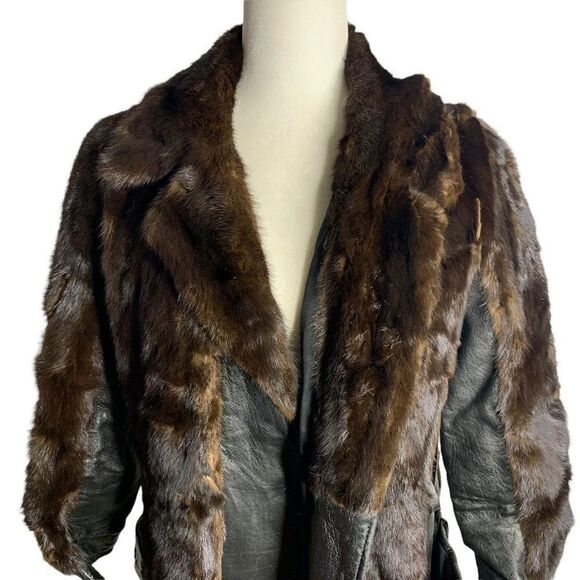 Vintage 70s Real Fur Leather Panel Coat M Black Brown For Repair - Picture 2 of 12